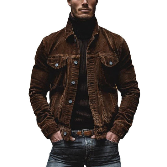 Men's Pocket Corduroy Long Sleeve Striped Lapel Jacket