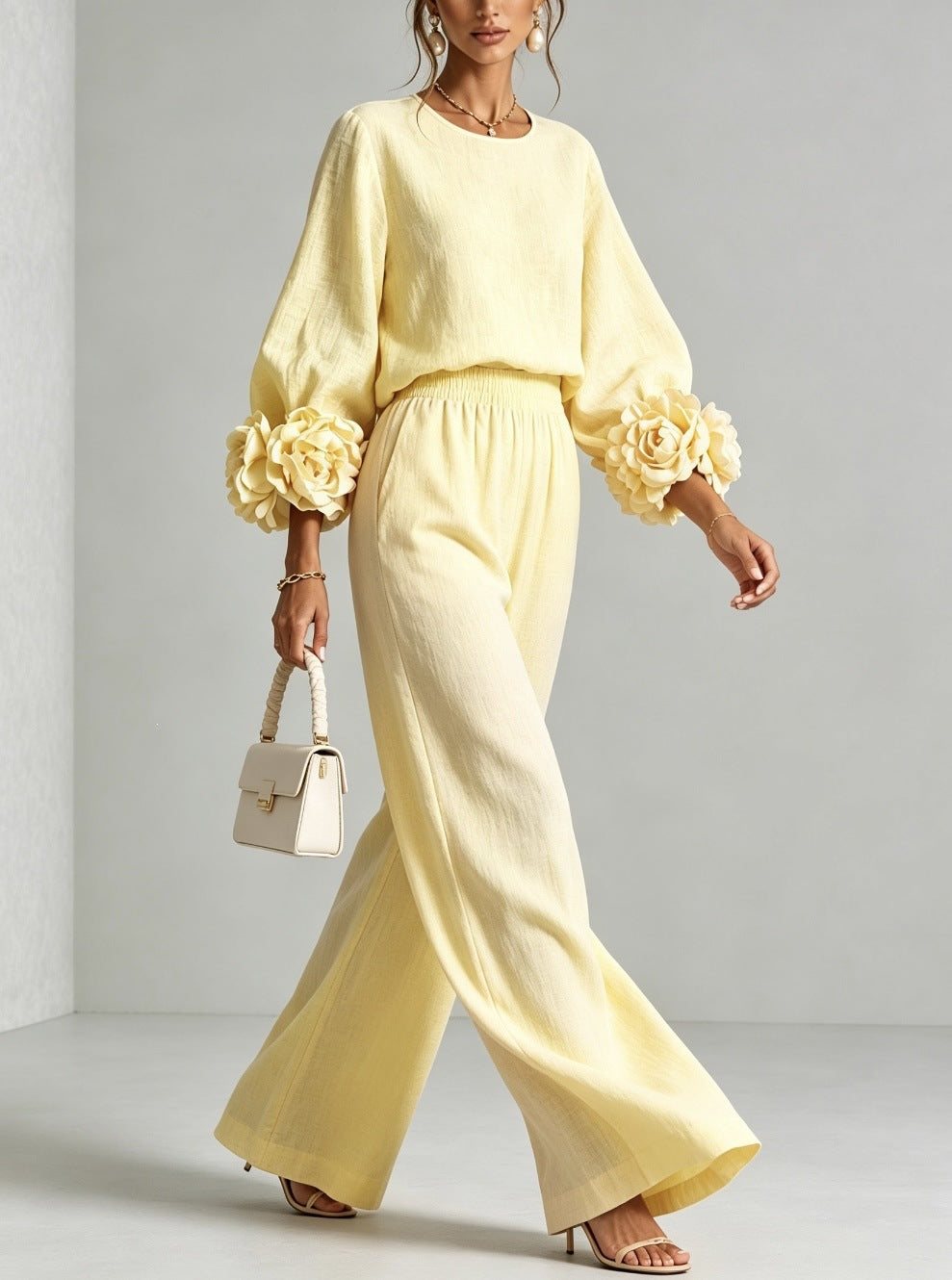 2026 New Beige European And American Style Floral Cuff Top And Wide Leg Pants Set