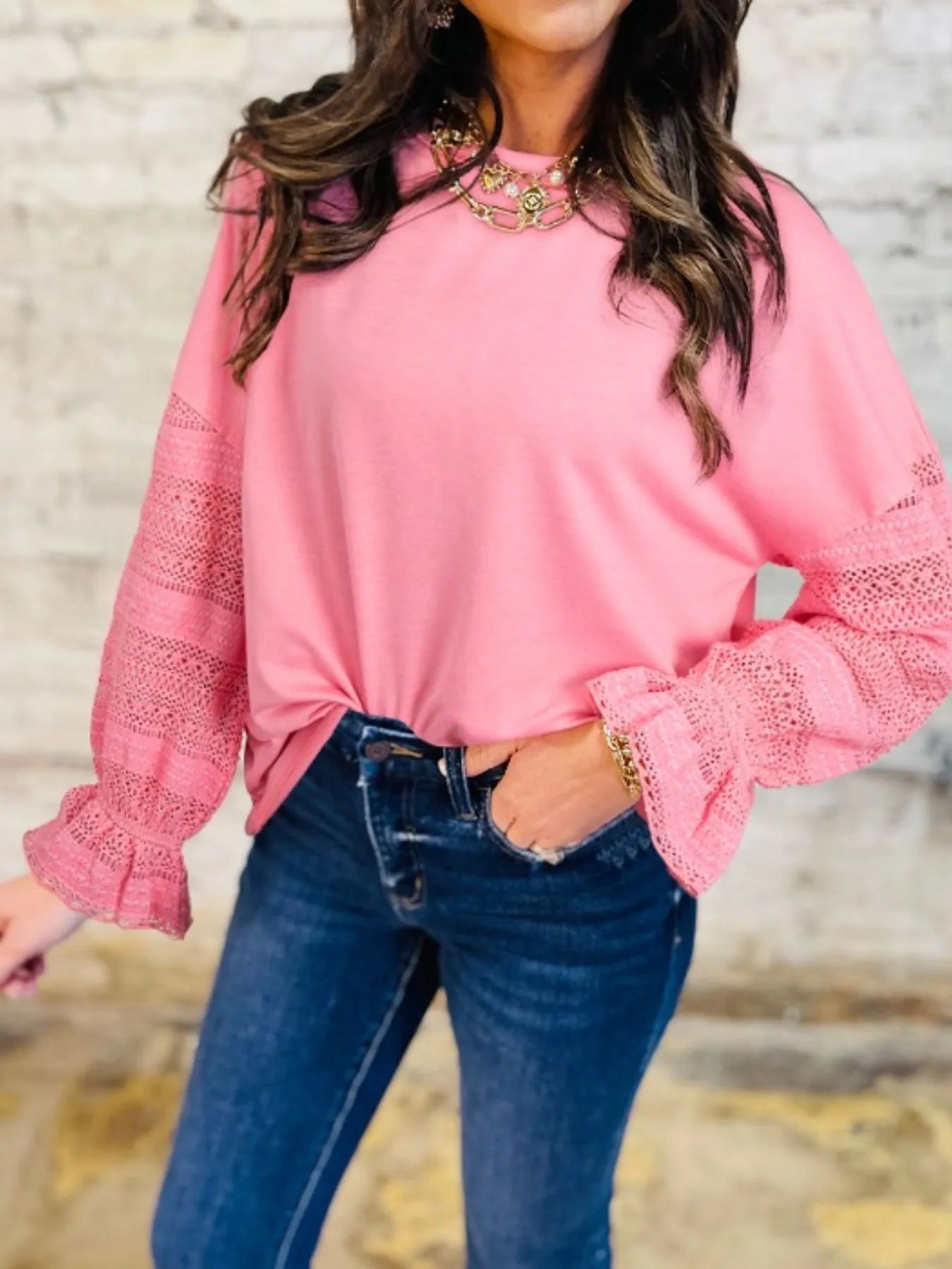 Lace Detail Flounce Sleeve Sweatshirt