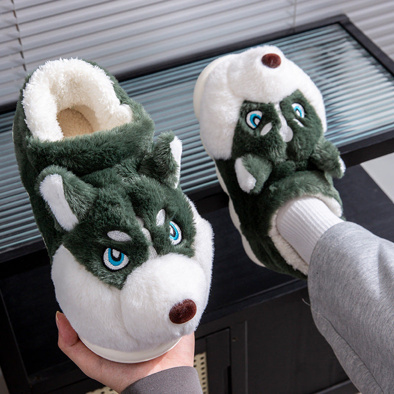 Cute Husky Cartoon Pure Cotton Slippers Men's Style Warm Indoor Slippers For Winter Home Use