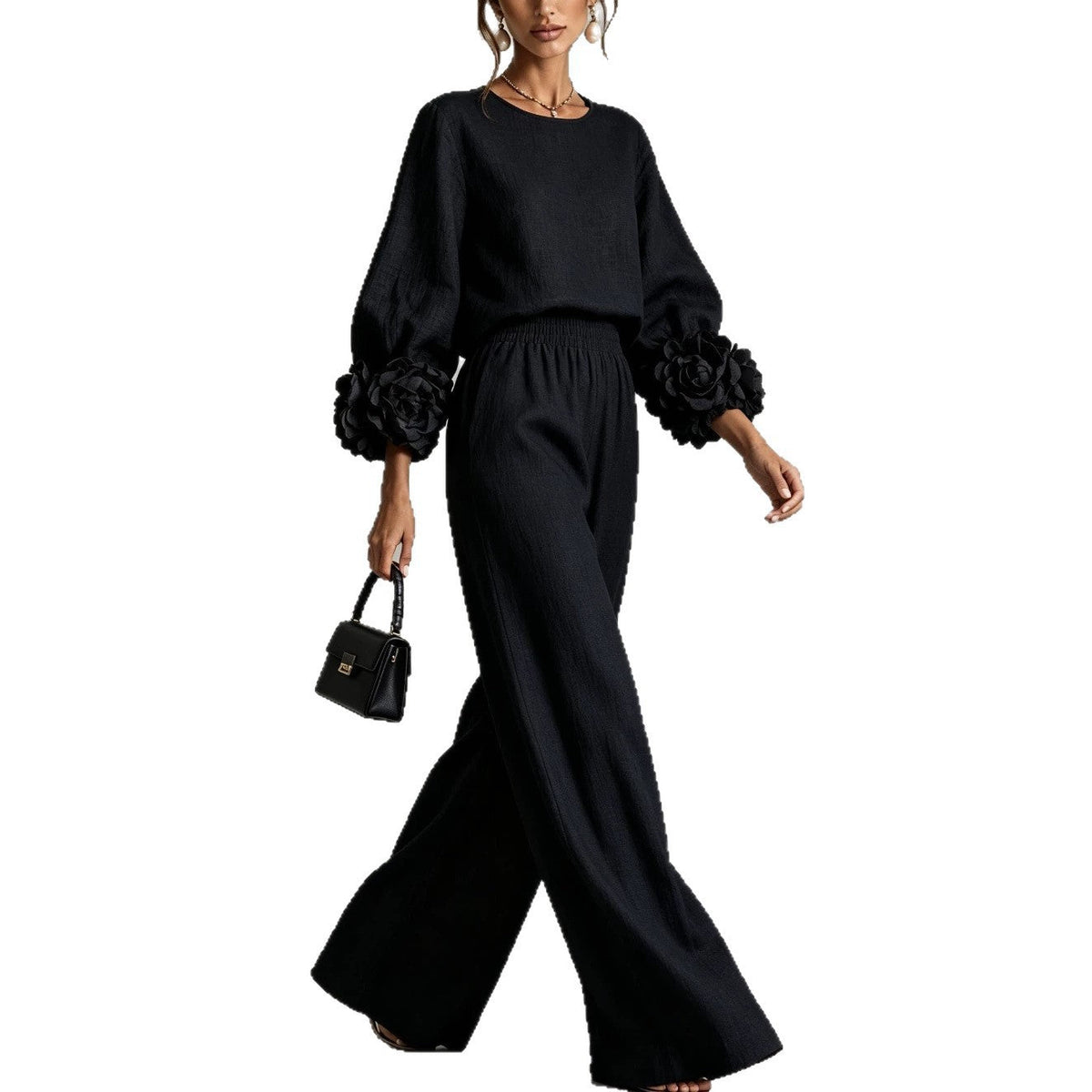 2026 New Beige European And American Style Floral Cuff Top And Wide Leg Pants Set