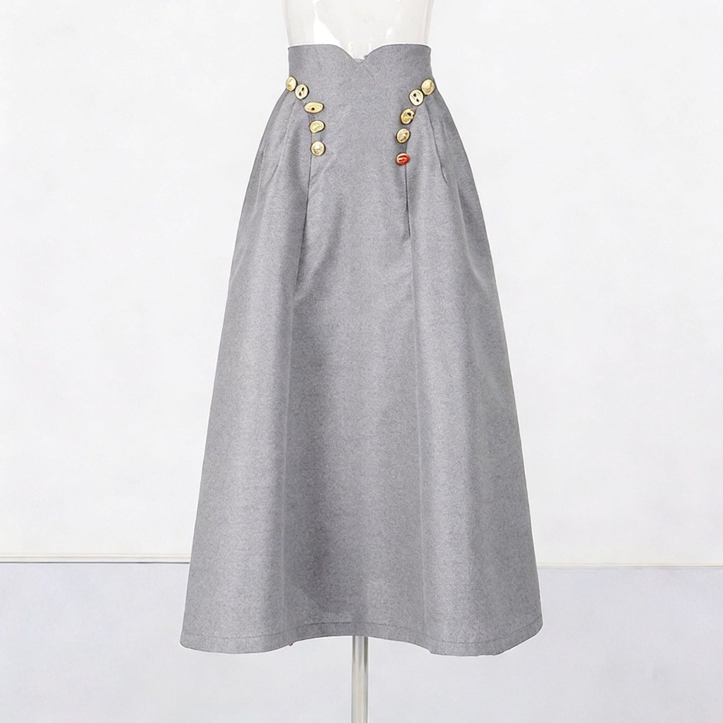 Irregularly Shaped Button-decorated Pleated Midi Skirt