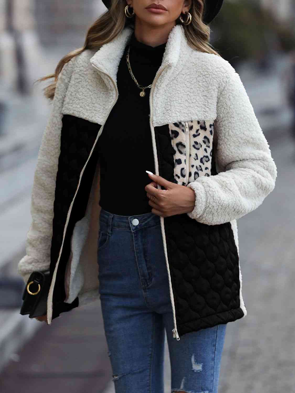 Women Leopard Color Block Zip-Up Jacket