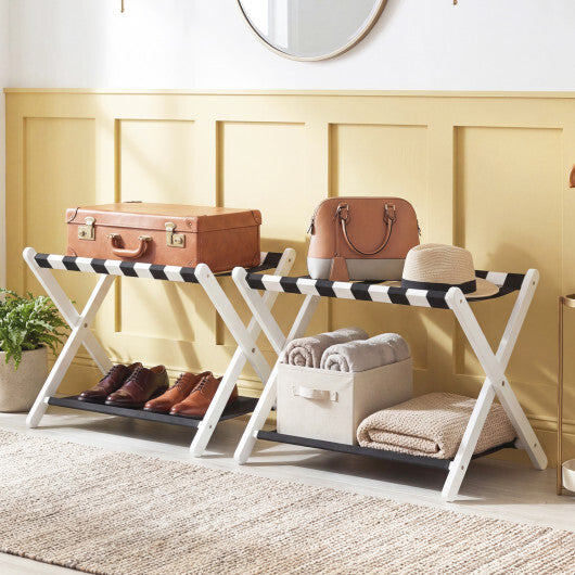 Solid Rubberwood Folding Luggage Rack with Nylon Shelves Set of 2-Brown