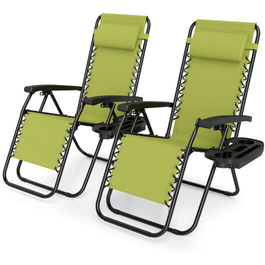 Set of 2 Portable Zero Gravity Chairs with Cup Holder Trays and Backrest -Green