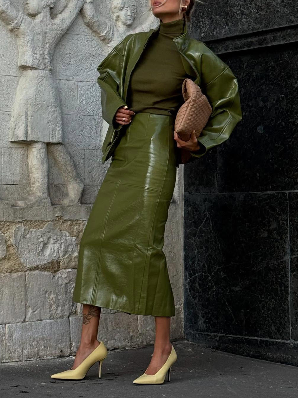 Olive Green Faux Leather Jacket And Midi Skirt Set