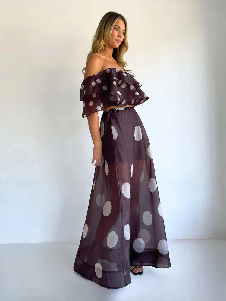 Sexy Strapless Irregular Print Ruffled Fashion Suit Long Dress