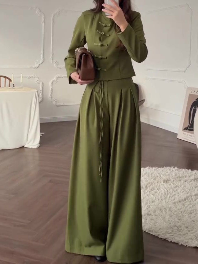 Mandarin Collar Knot Crop Top & Drawstring Wide Leg Pants 2-Piece Set