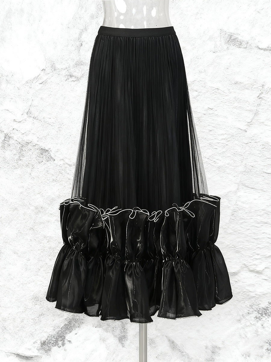 High Waist Pleated Ruffle Hem Midi Skirt