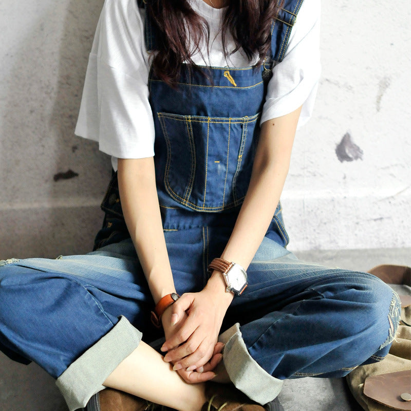 large size worn light color strap jeans women casual loose thin denim wide leg pants tide