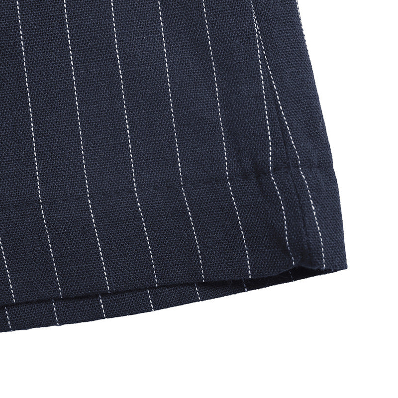 Navy Pinstripe Halter V Neck Button Front Wide Leg Jumpsuit