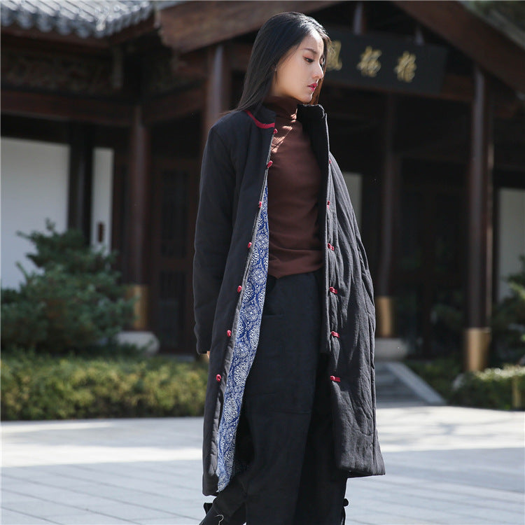Retro Women's Artistic Cotton And Linen Clothing Buckle Cotton-padded Jacket