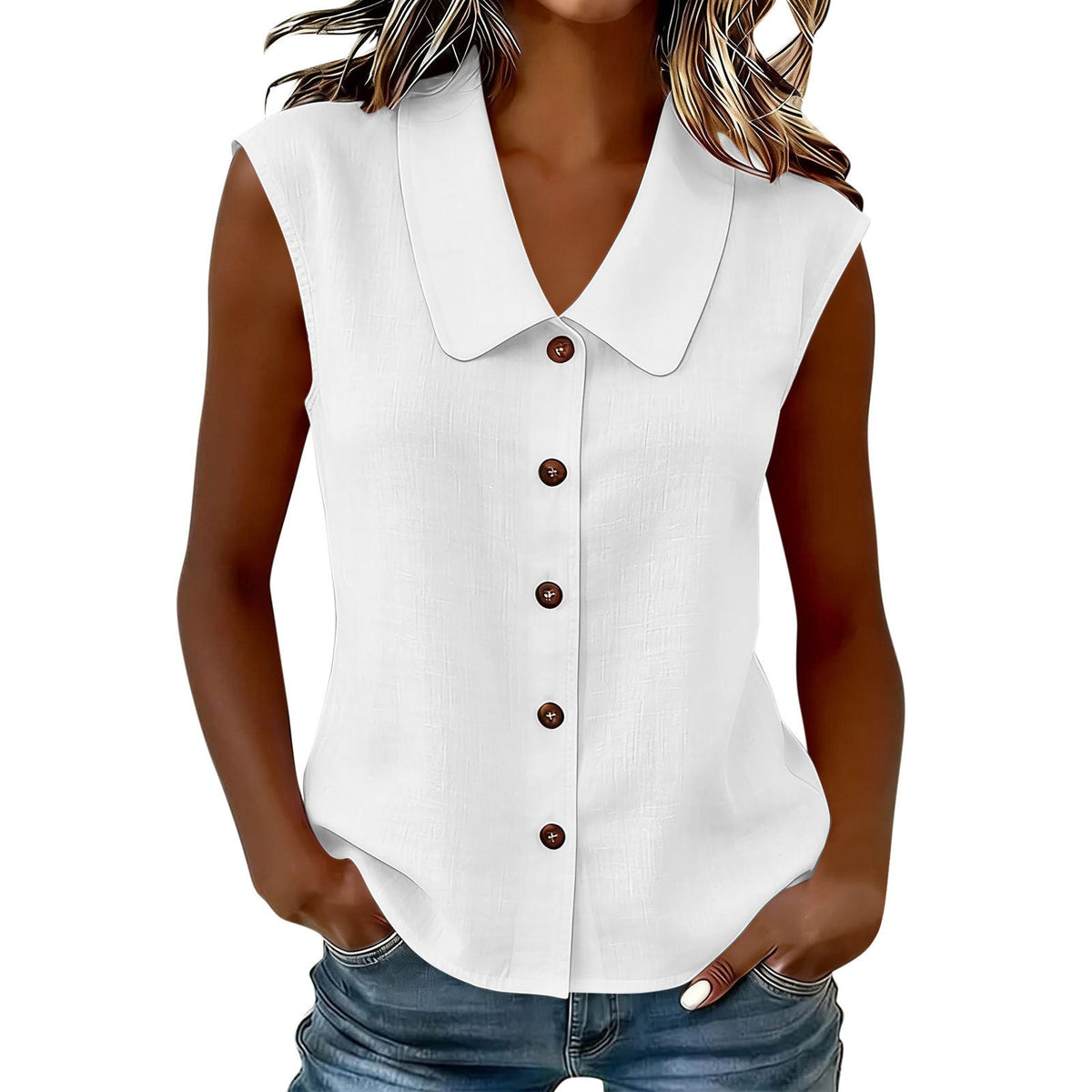 2026 Spring Summer Women S Elegant Business Polo Neck Button Down Blouse Without Sleeves