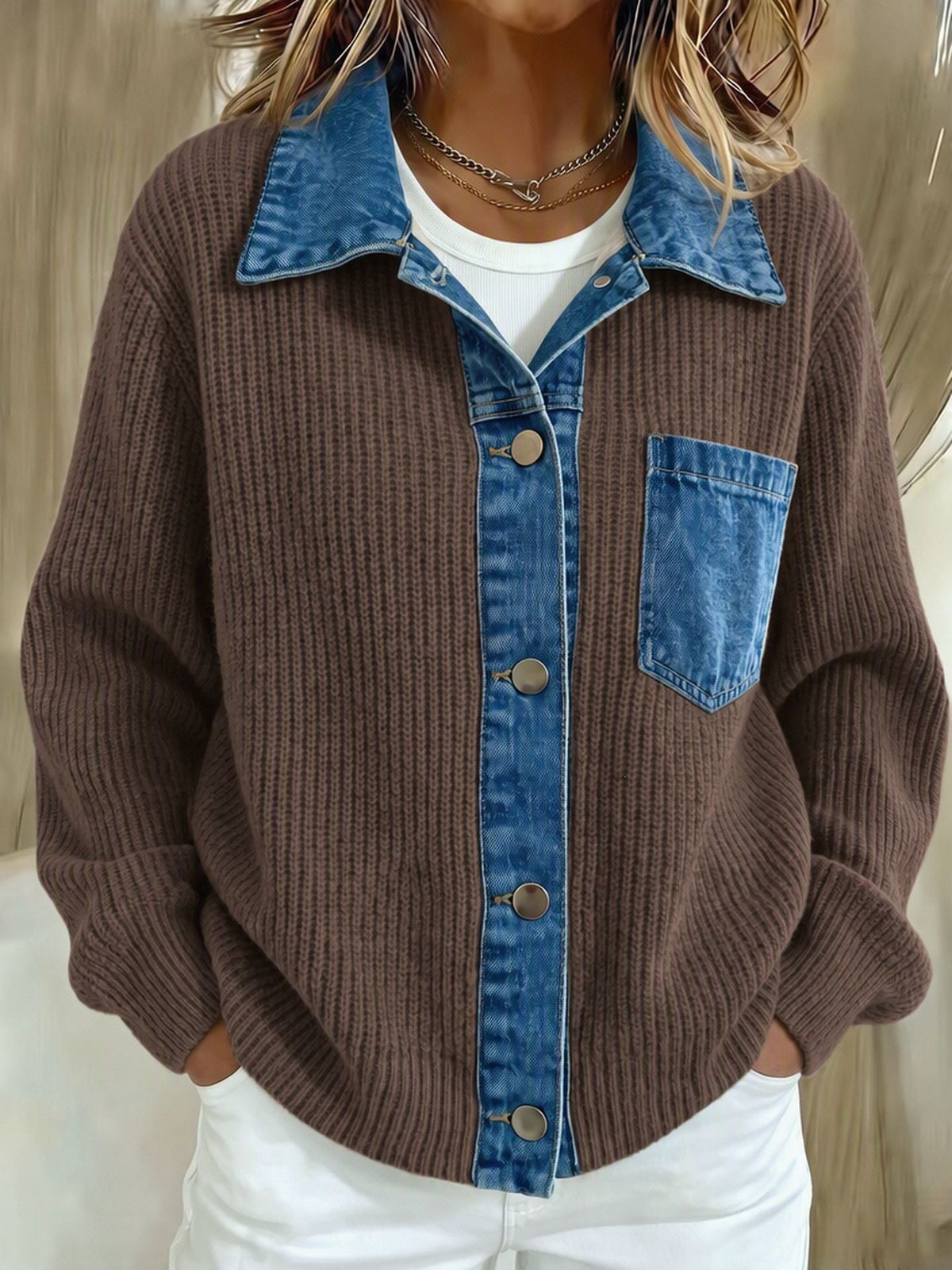 2026 European And American Cross-border Denim Patchwork Knit Cardigan For Women, Loose And Casual Style, Color-block Long-sleeve Sweater Jacket