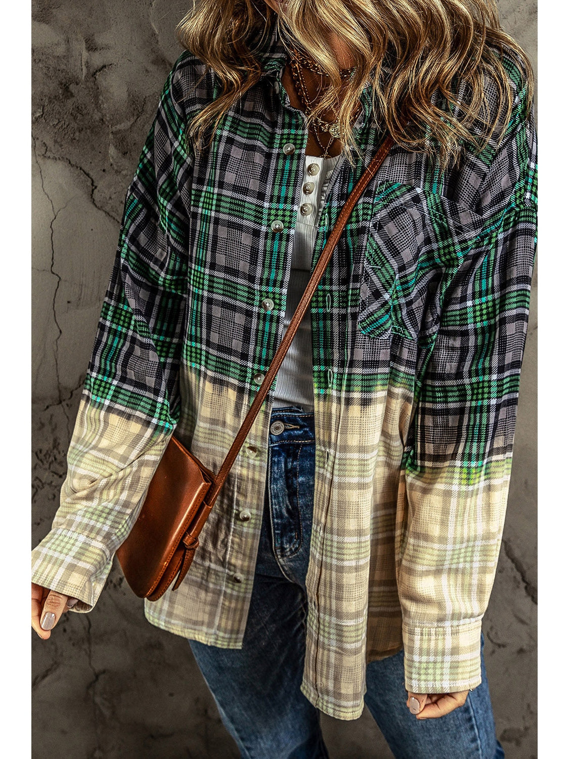 Women NicholesGifts Women Contrast Plaid Button Up Long Sleeve Shacket
