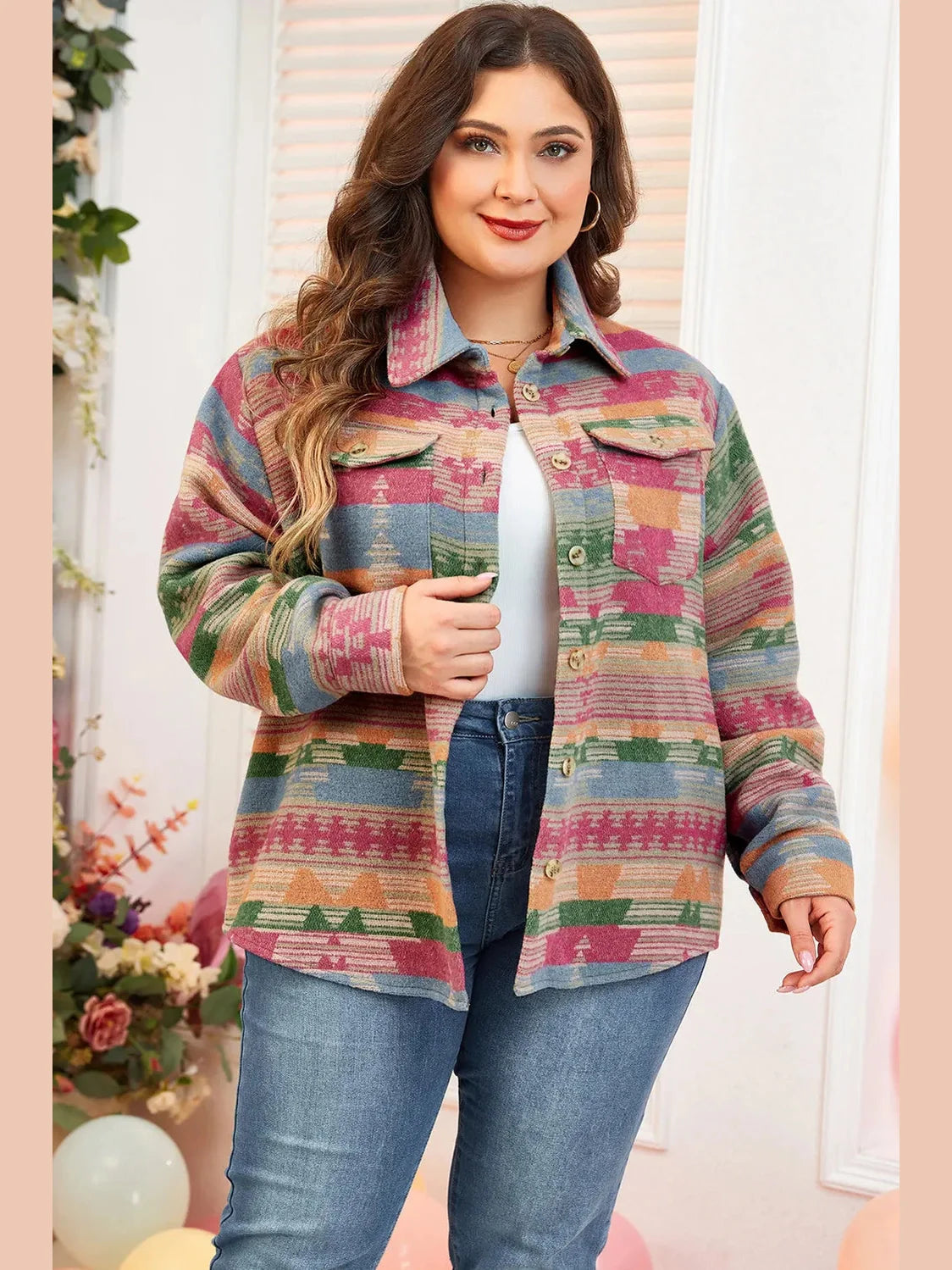 Plus Size Pocketed Printed Collared Neck Jacket