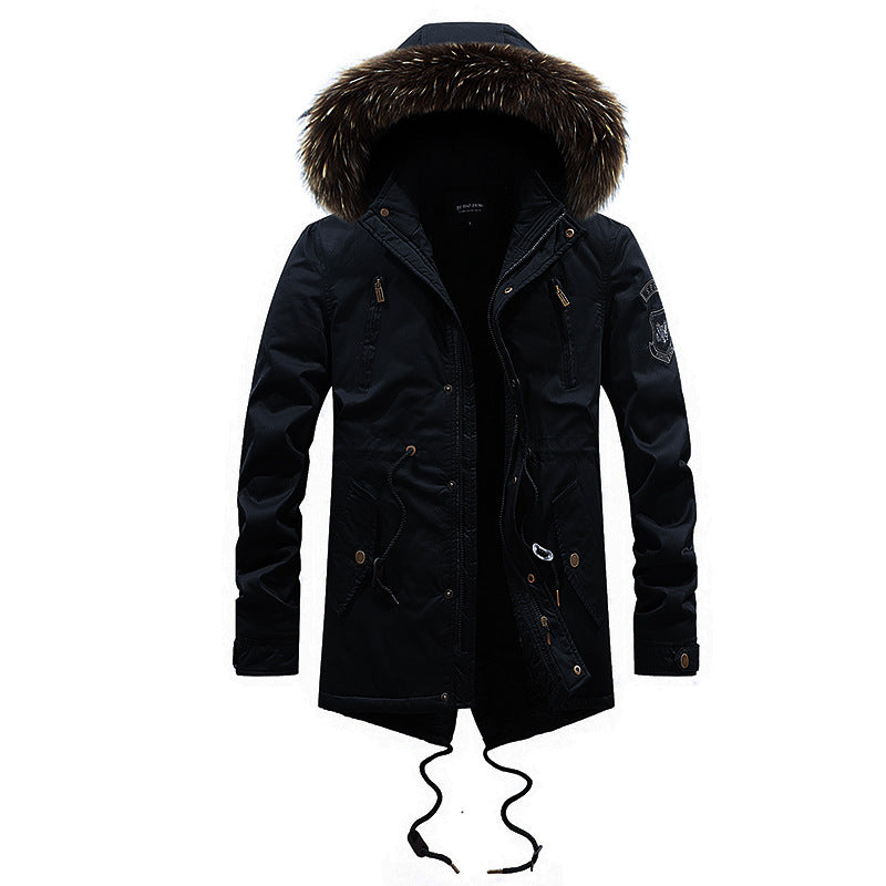 Men's Mid-length Cotton Coat With Big Fur Collar