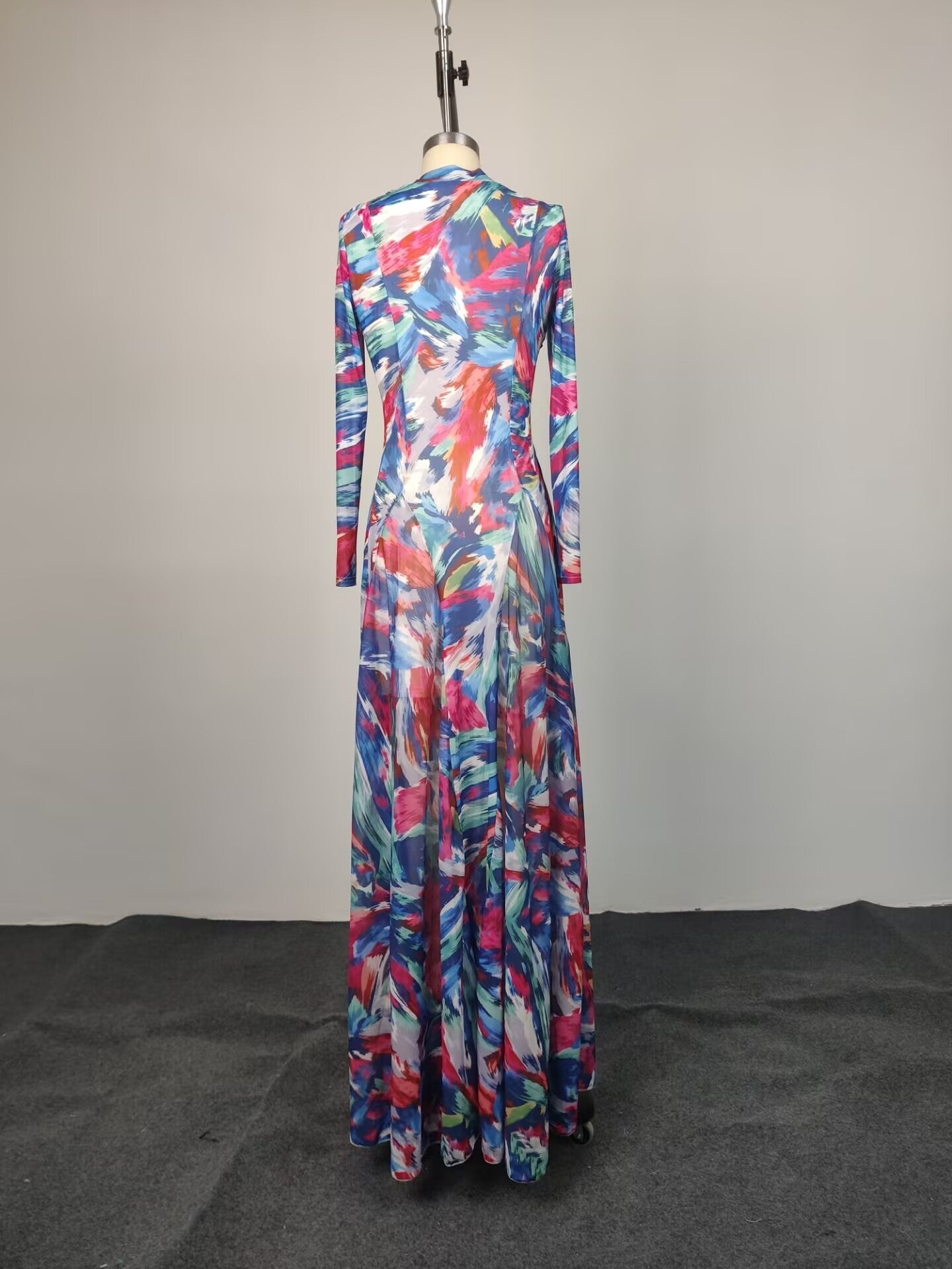 Multicolor Abstract Print Long Sleeve Maxi Dress
