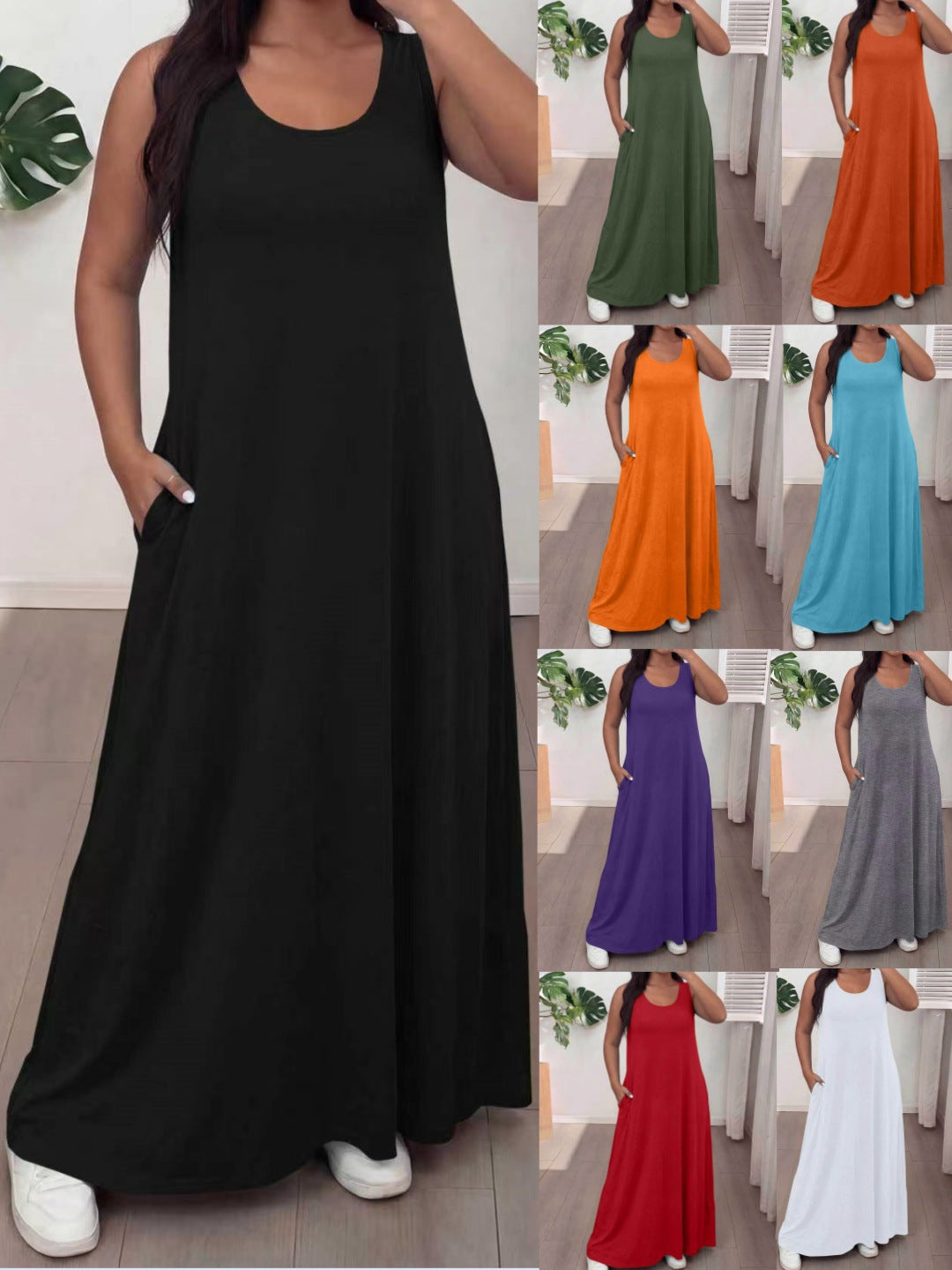 2026 Summer Womens Sleeveless Maxi Dress, U Neck Loose Casual Long Dress With Pockets