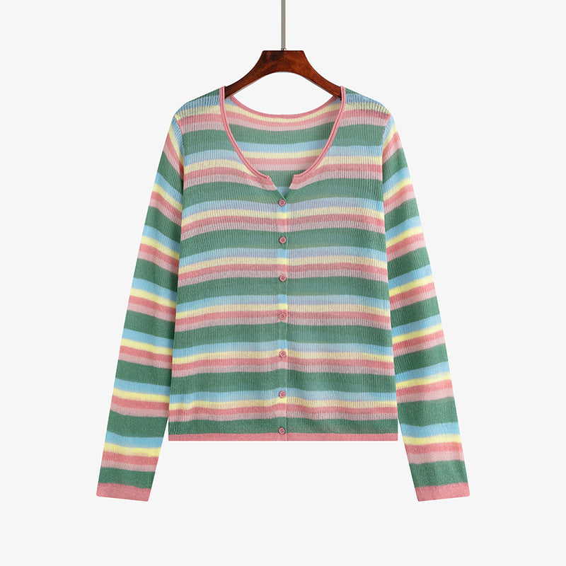 Plus Size Round Neck Color Striped Shirt Women's Thin Top