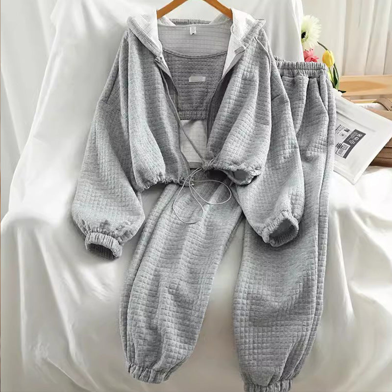 Japanese Korean Casual Hooded Cardigan Set - Zipper Sports Three Piece Suit (Black, Gray, White)