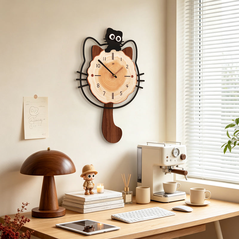 Modern Kitty Wall Clock Cartoon Wooden Hanging Decor For Bedroom