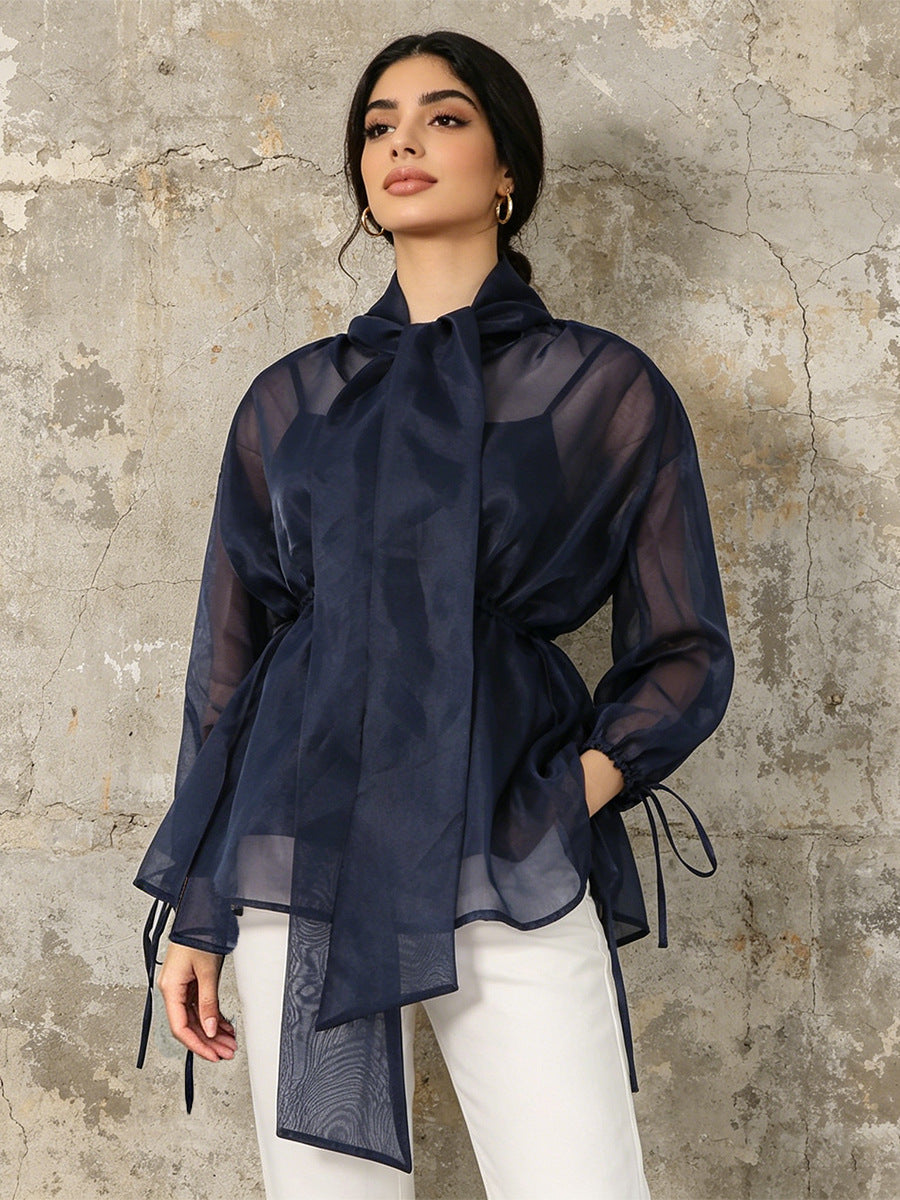 Navy Organza Bow Neck Drawstring Waist Sheer Long Sleeve Blouse