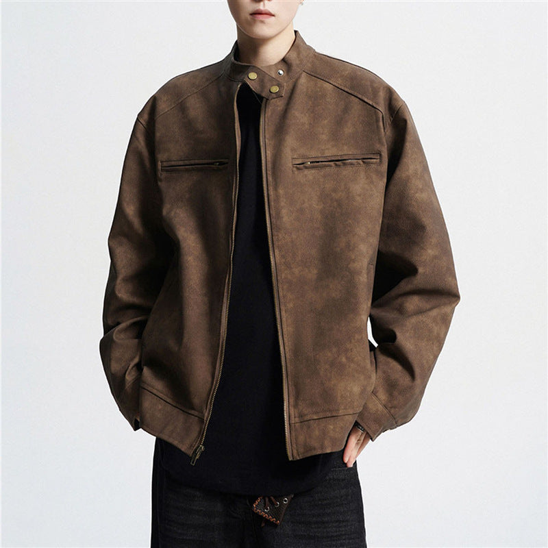 Vintage Brown Motorcycle Leather Autumn Merard Stand-up Collar Distressed Coat