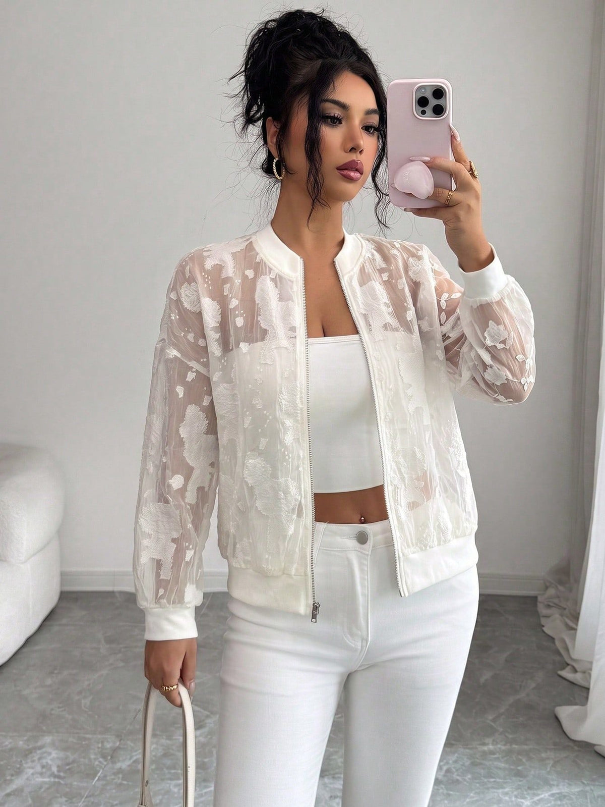 European And American Cross-border 2026 Autumn New Jacquard Jacket Semi-transparent Loose Zipper Rib Collar Cuff Jacket