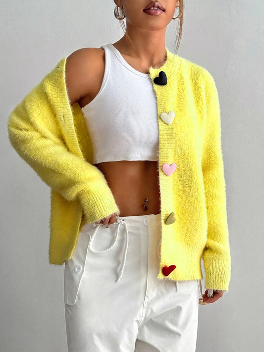 Women Heart Button Fuzzy Cardigan