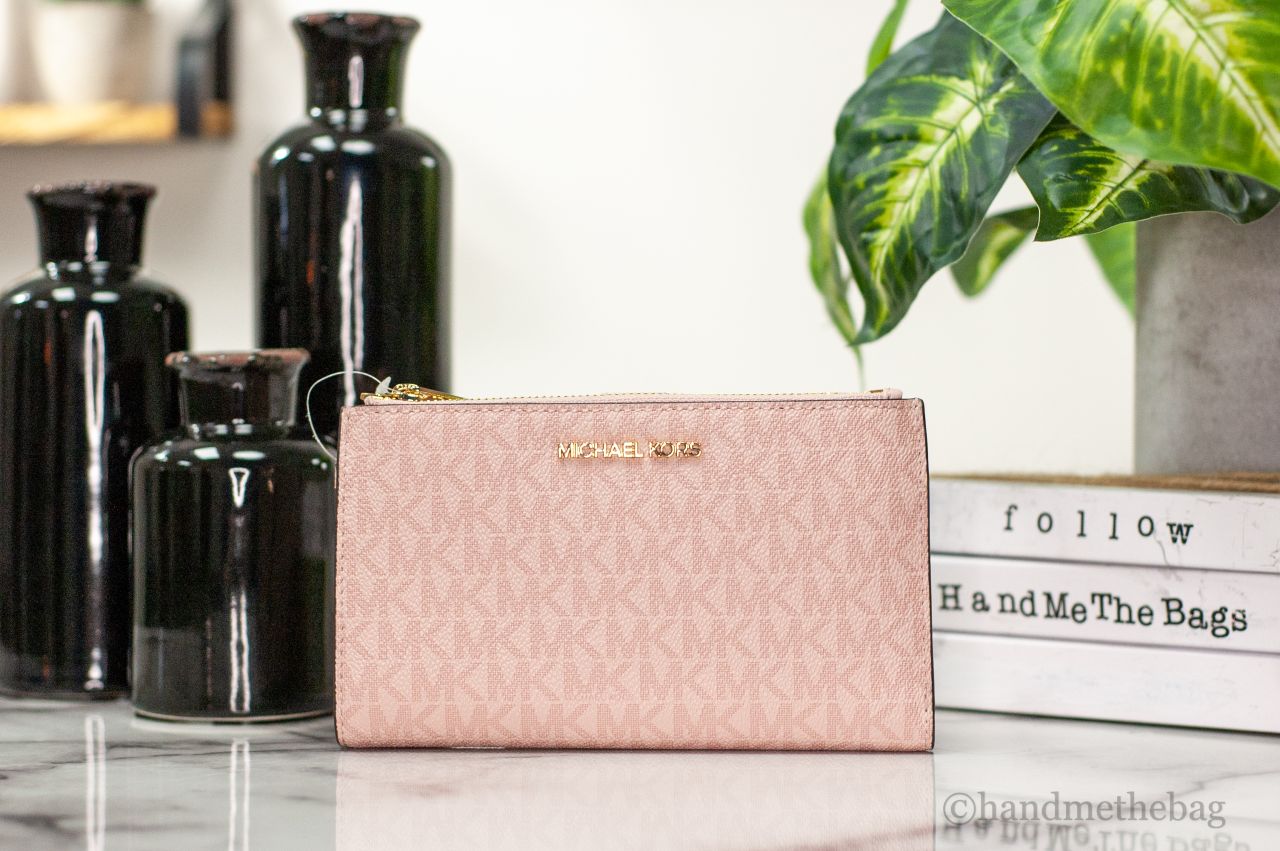 Michael Kors Jet Set Travel Dark Powder Blush PVC Large Double Zip Wrist Wallet