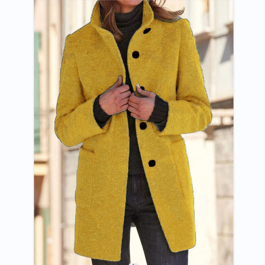 Women's Stand Collar Woolen Coat - Slim Fit Fall and Winter Button Front Trench Coat with Pockets