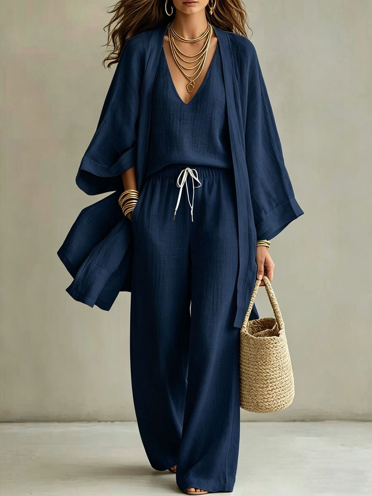 Womens Casual Three-piece Set Nine-quarter-sleeve Cardigan Sleeveless Vest And Long Pants
