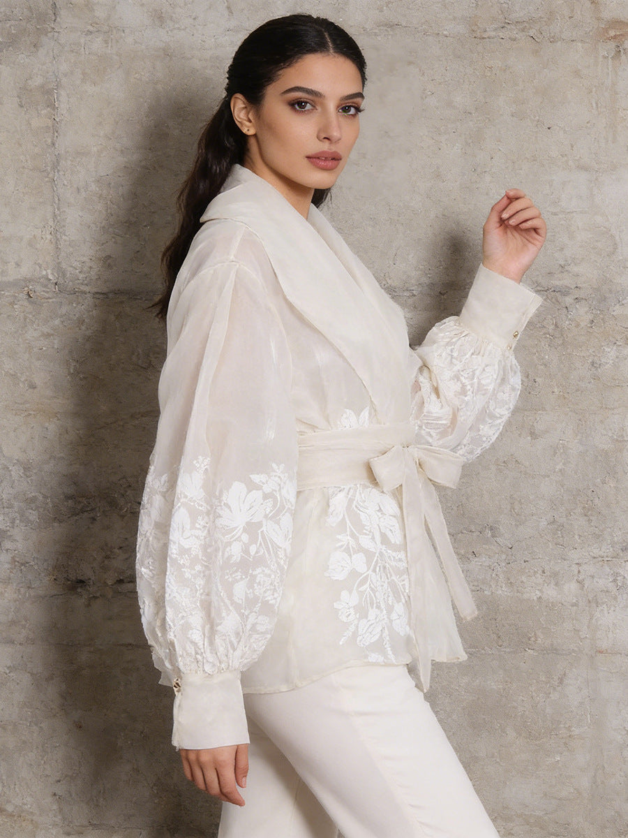 Floral Embroidery Wrap Belted Bishop Sleeve Blouse