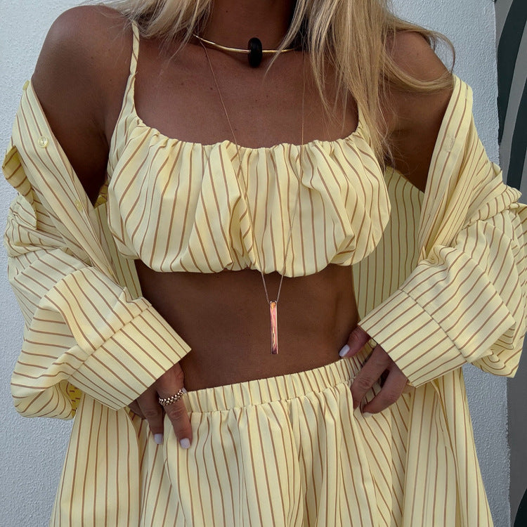Women's Striped 3 Piece Outfit Set&Oversized Button Down Shirt&Crop Tube Top&Elastic Shorts&Yellow Casual Loungewear