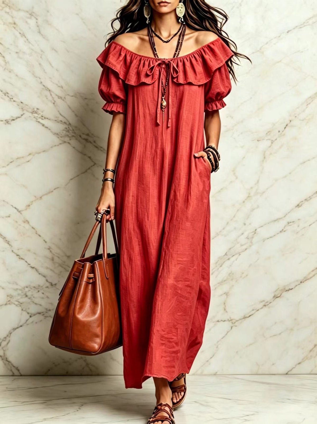 Summer 2026 Women's New Round Neck Ruffled Casual Seaside Vacation Dress From Europe And America