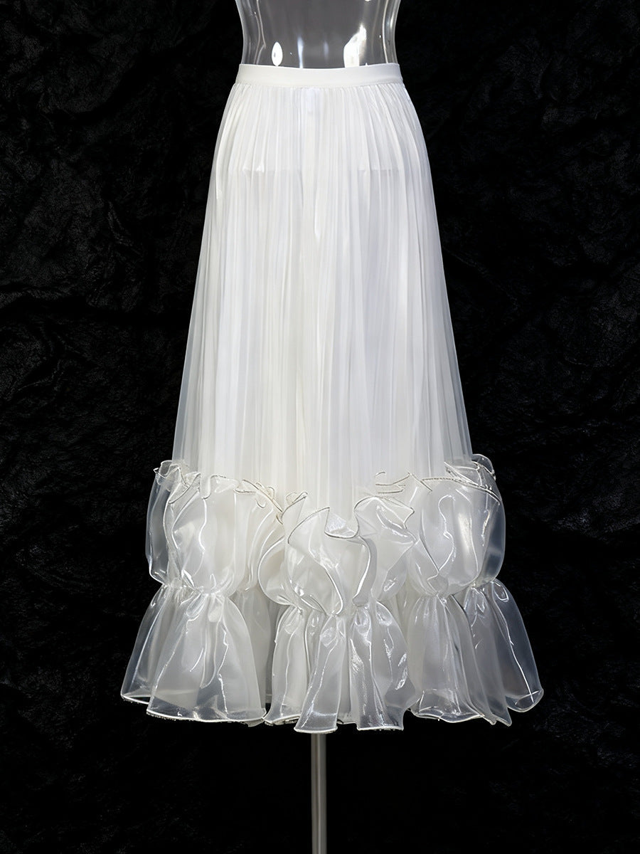 High Waist Pleated Ruffle Hem Midi Skirt