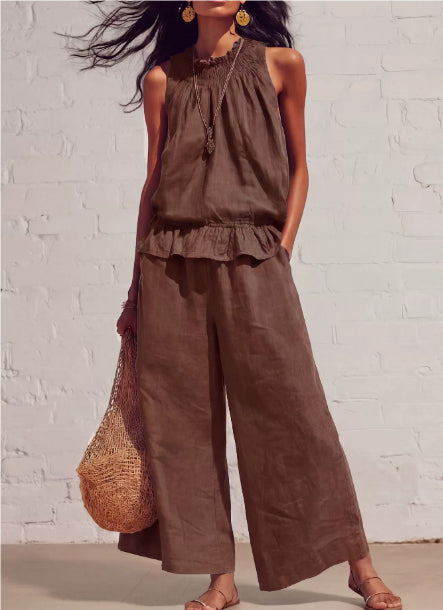 Summer Sleeveless Suit Fashion Ruffled Vest Top And Straight-leg Pants Women's Two-Piece Set