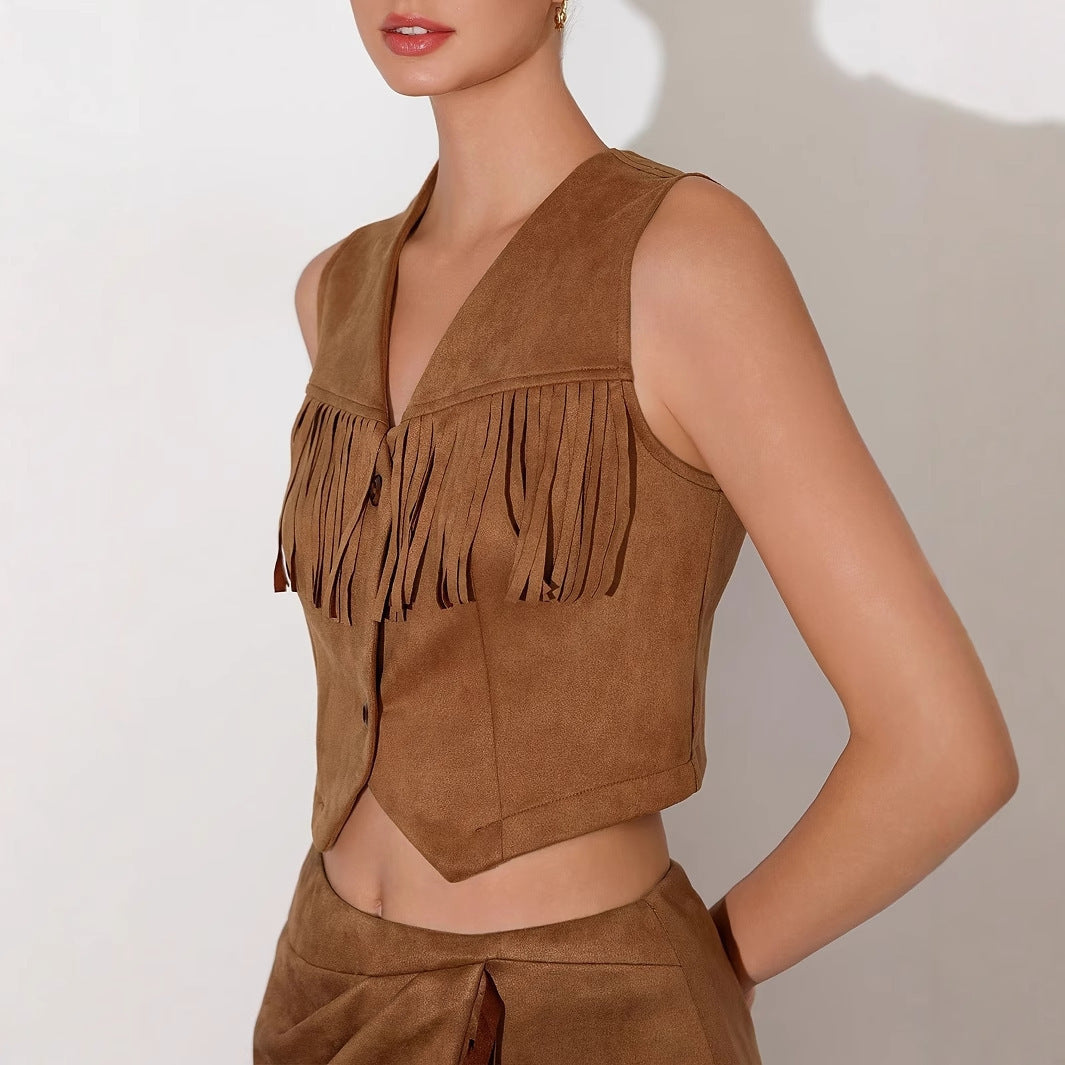 Western Denim Style V-neck Tassel Short Slim Fit Women's Sleeveless Vest Jacket Set