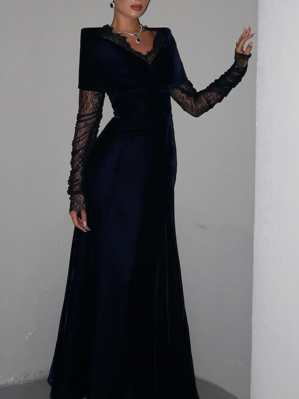 Navy Blue Velvet Lace Long-Sleeve Gown