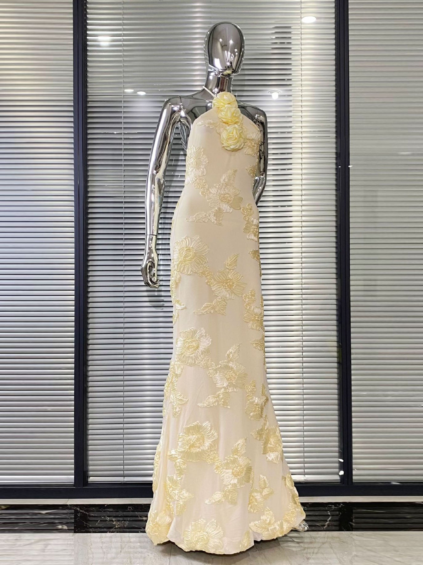 Cream Floral  Halter Neck Mermaid Gown