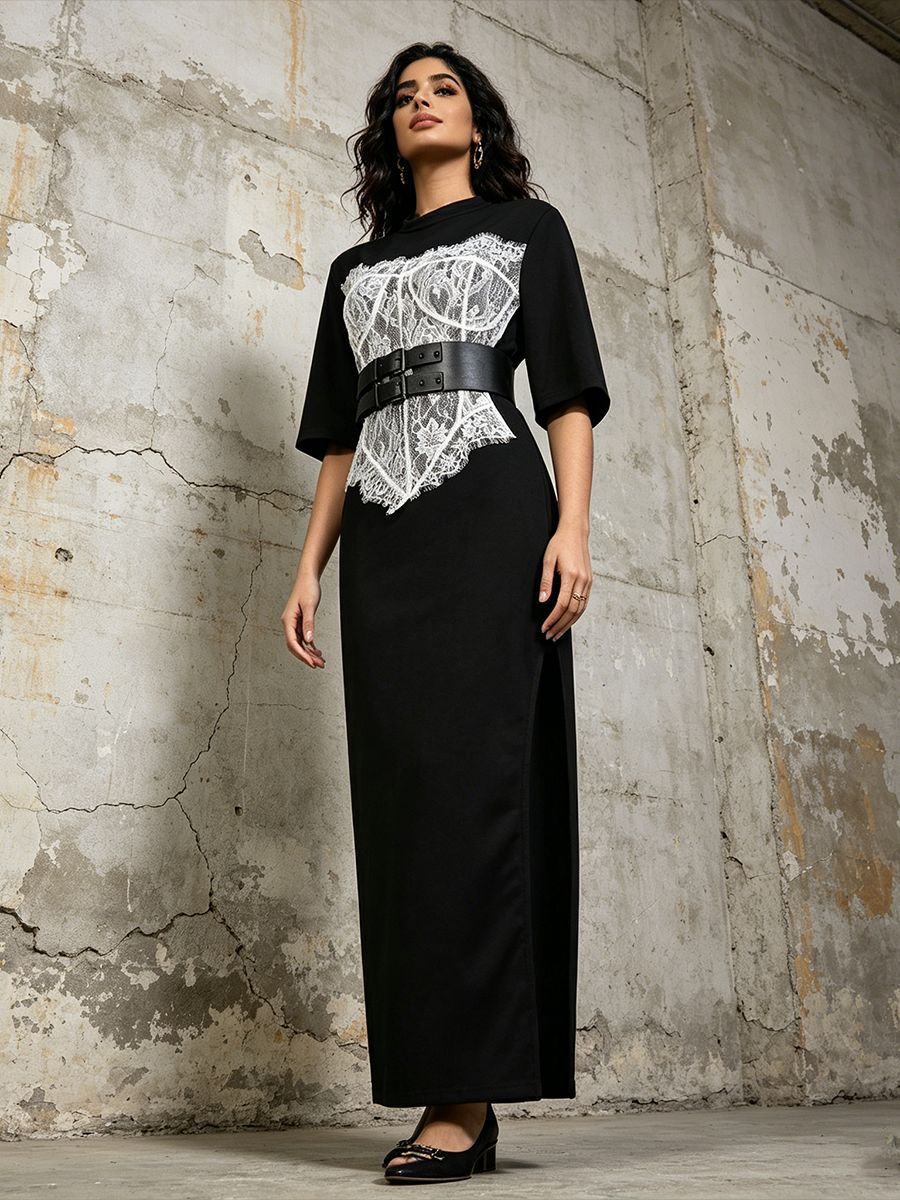 Contrast Lace Corset Panel Midi Bodycon Dress With Wide Belt