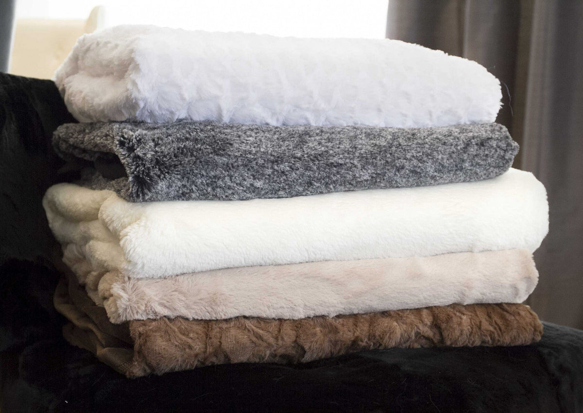50" X 70" Ivory Faux Fur Plush Throw Blanket with Embroidery