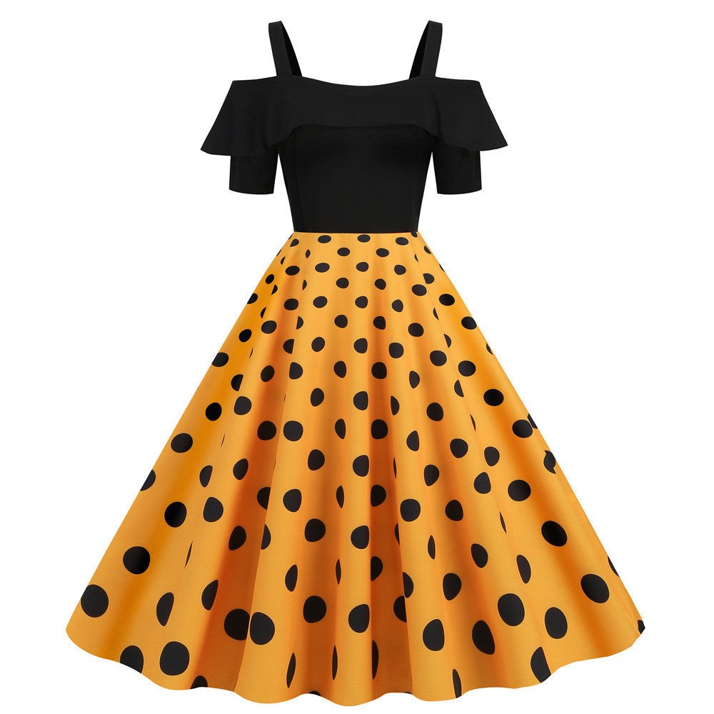 Lotus Leaf Edge Suspender Short Sleeved Black Polka Dot Big Swing Dress
