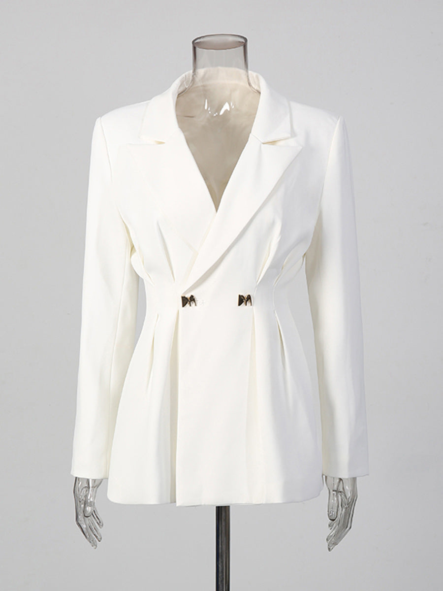 Solid-color Long-sleeve Fitted Blazer & High-waisted Straight-leg Trousers Set