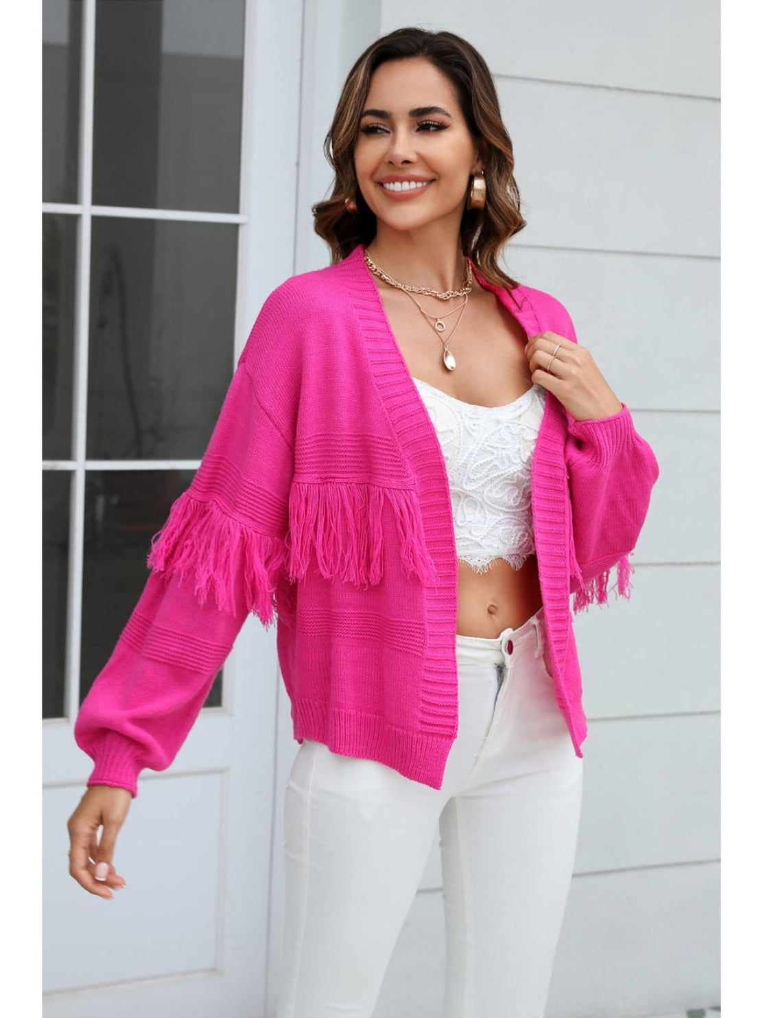 Women Double Take Fringe Trim Open Front Cardigan Sweater