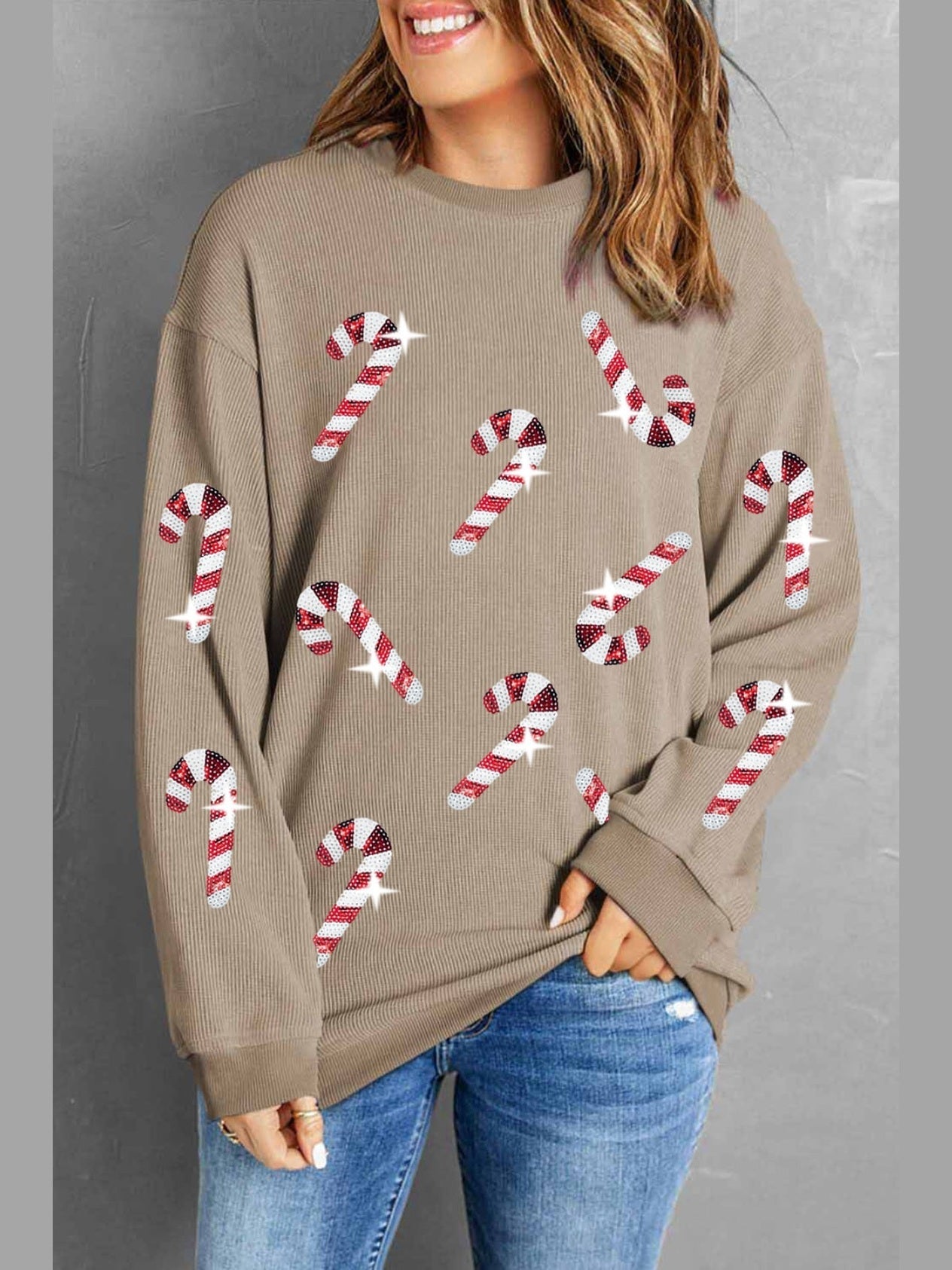 Women Sequin Candy Cane Round Neck Christmas Sweatshirt