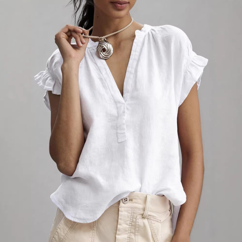 Women's Casual V-Neck Cotton-Linen Blouse Top Summer Ruffle Short-Sleeve Solid Color Office Daily Wear Shirts