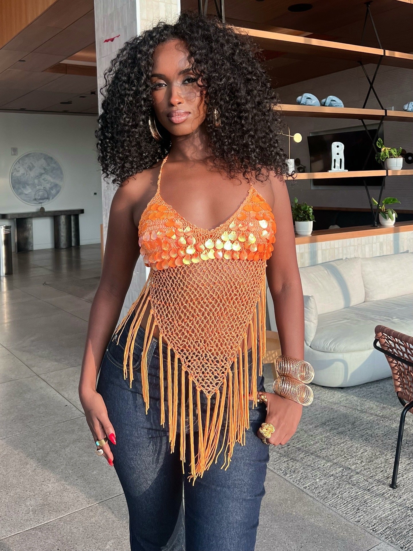 Beach Vacation Sequined Tassel Camisole Top