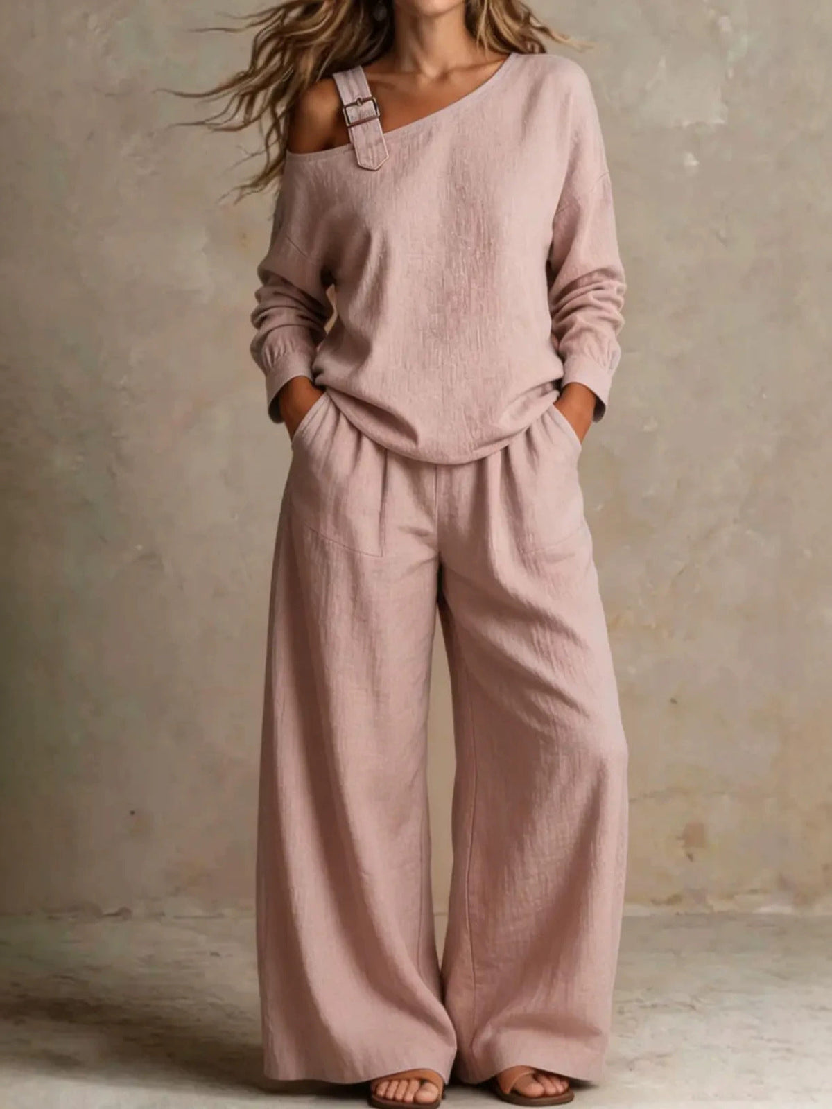 2026 Site Hot-Selling Women's Casual Loose Fashion One-Shoulder Linen Blend Two-Piece Set